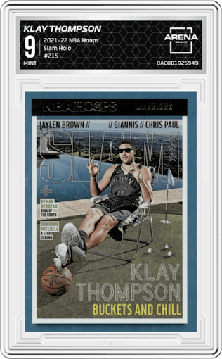 Klay Thompson from the 2021-22 Panini NBA Hoops set featuring a Holo parallel graded by Arena Club and given an overall grade of 9.