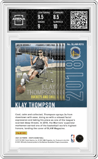 Klay Thompson from the 2021-22 Panini NBA Hoops set featuring a Holo parallel graded by Arena Club and given an overall grade of 9.