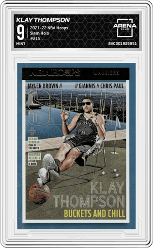 Klay Thompson from the 2021-22 Panini NBA Hoops set featuring a Holo parallel graded by Arena Club and given an overall grade of 9.