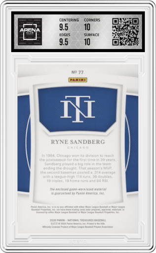 Ryne Sandberg from the 2020 Panini National Treasures set graded by Arena Club and given an overall grade of 10.