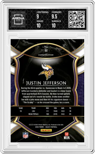 Justin Jefferson from the 2020 Panini Select set graded by Arena Club and given an overall grade of 9.5.