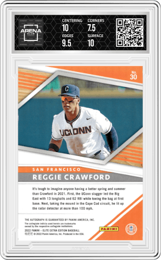 Reggie Crawford from the 2022 Panini Elite Extra Edition set graded by Arena Club and given an overall grade of 8.