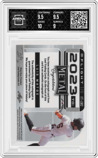 Luis Matos from the 2022 Leaf Metal set featuring a Blue Crystal parallel graded by Arena Club and given an overall grade of 9.5.