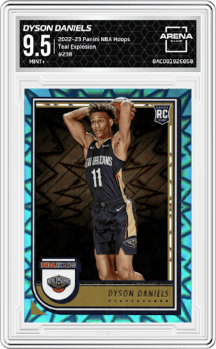Dyson Daniels from the 2022-23 Panini NBA Hoops set featuring a Teal Explosion parallel graded by Arena Club and given an overall grade of 9.5.