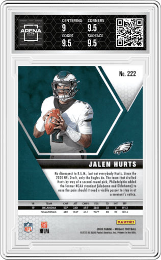 Jalen Hurts from the 2020 Panini Mosaic set graded by Arena Club and given an overall grade of 9.5.