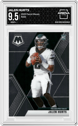 Jalen Hurts from the 2020 Panini Mosaic set graded by Arena Club and given an overall grade of 9.5.