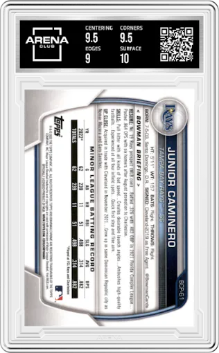 Junior Caminero from the 2023 Bowman  set graded by Arena Club and given an overall grade of 9.5.