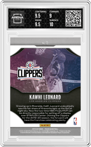 Kawhi Leonard from the 2019-20 Panini Prizm set graded by Arena Club and given an overall grade of 9.5.