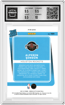 Alperen Sengun from the 2021-22 Panini Donruss Optic set featuring a Blue Velocity parallel graded by Arena Club and given an overall grade of 10.