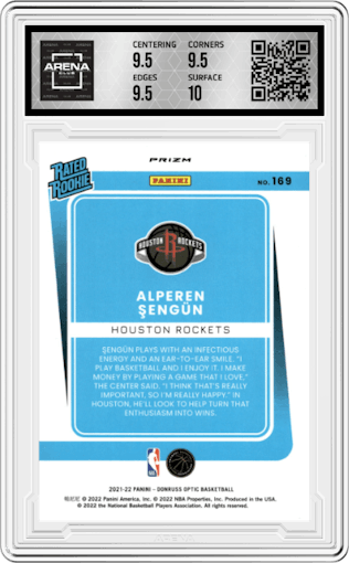 Alperen Sengun from the 2021-22 Panini Donruss Optic set featuring a Blue Velocity parallel graded by Arena Club and given an overall grade of 10.