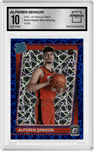 Alperen Sengun from the 2021-22 Panini Donruss Optic set featuring a Blue Velocity parallel graded by Arena Club and given an overall grade of 10.