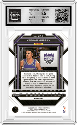 Keegan Murray from the 2022-23 Panini Prizm  set featuring a Red Ice parallel graded by Arena Club and given an overall grade of 10.