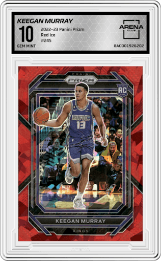 Keegan Murray from the 2022-23 Panini Prizm  set featuring a Red Ice parallel graded by Arena Club and given an overall grade of 10.
