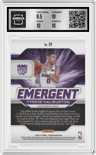 Tyrese Haliburton from the 2020-21 Panini Prizm set graded by Arena Club and given an overall grade of 10.