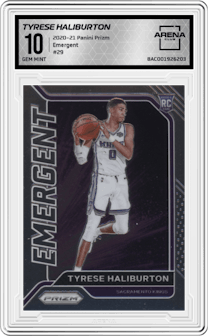Tyrese Haliburton from the 2020-21 Panini Prizm set graded by Arena Club and given an overall grade of 10.