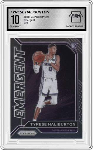Tyrese Haliburton from the 2020-21 Panini Prizm set graded by Arena Club and given an overall grade of 10.