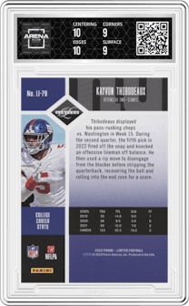 Kayvon Thibodeaux from the 2022 Panini Limited set graded by Arena Club and given an overall grade of 9.5.