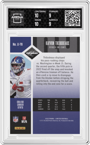 Kayvon Thibodeaux from the 2022 Panini Limited set graded by Arena Club and given an overall grade of 9.5.