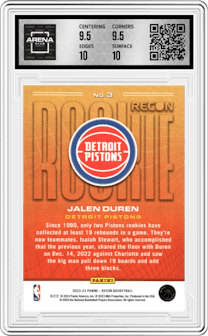 Jalen Duren from the 2022-23 Panini Recon set graded by Arena Club and given an overall grade of 10.