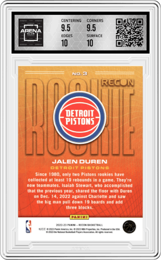 Jalen Duren from the 2022-23 Panini Recon set graded by Arena Club and given an overall grade of 10.