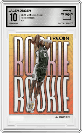 Jalen Duren from the 2022-23 Panini Recon set graded by Arena Club and given an overall grade of 10.