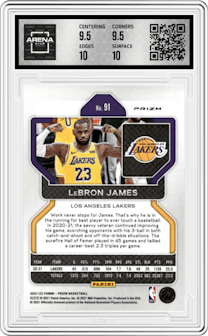 LeBron James from the 2021-22 Panini Prizm  set featuring a Red/White/Blue Prizm parallel graded by Arena Club and given an overall grade of 10.