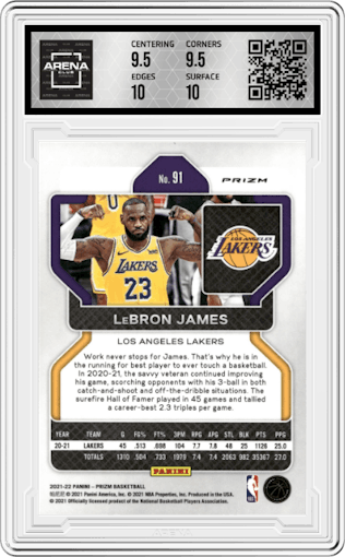 LeBron James from the 2021-22 Panini Prizm  set featuring a Red/White/Blue Prizm parallel graded by Arena Club and given an overall grade of 10.