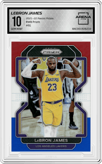LeBron James from the 2021-22 Panini Prizm  set featuring a Red/White/Blue Prizm parallel graded by Arena Club and given an overall grade of 10.