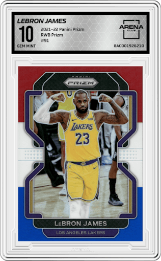 LeBron James from the 2021-22 Panini Prizm  set featuring a Red/White/Blue Prizm parallel graded by Arena Club and given an overall grade of 10.