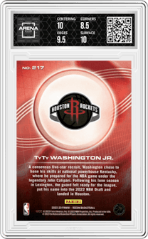 TyTy Washington Jr. from the 2022-23 Panini Recon set featuring a Bronze parallel graded by Arena Club and given an overall grade of 9.