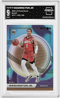 TyTy Washington Jr. from the 2022-23 Panini Recon set featuring a Bronze parallel graded by Arena Club and given an overall grade of 9.