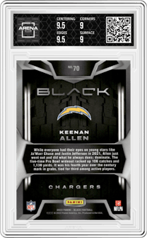 Keenan Allen from the 2022 Panini Black set featuring a Silver parallel graded by Arena Club and given an overall grade of 9.5.