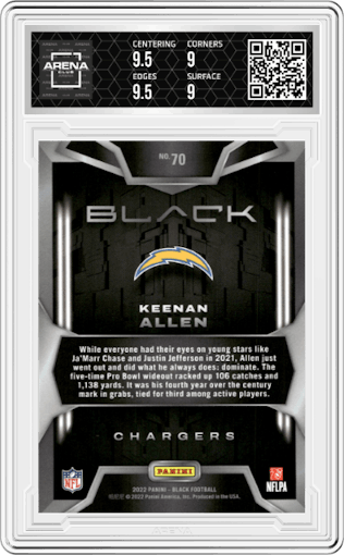 Keenan Allen from the 2022 Panini Black set featuring a Silver parallel graded by Arena Club and given an overall grade of 9.5.