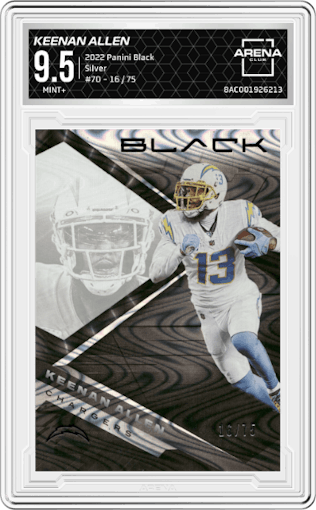 Keenan Allen from the 2022 Panini Black set featuring a Silver parallel graded by Arena Club and given an overall grade of 9.5.