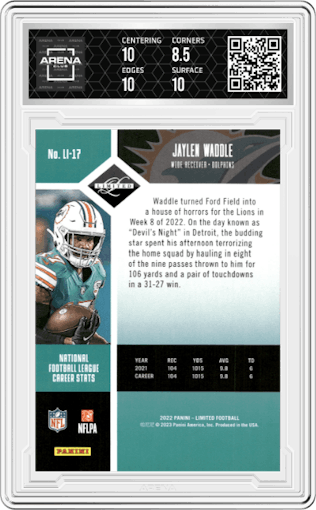 Jaylen Waddle from the 2022 Panini Limited set featuring a Limited Edition parallel graded by Arena Club and given an overall grade of 9.