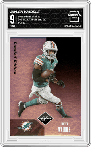 Jaylen Waddle from the 2022 Panini Limited set featuring a Limited Edition parallel graded by Arena Club and given an overall grade of 9.