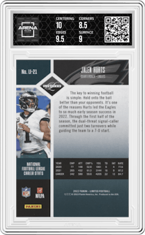 Jalen Hurts from the 2022 Panini Limited set graded by Arena Club and given an overall grade of 9.