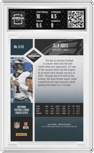 Jalen Hurts from the 2022 Panini Limited set graded by Arena Club and given an overall grade of 9.