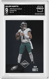 Jalen Hurts from the 2022 Panini Limited set graded by Arena Club and given an overall grade of 9.