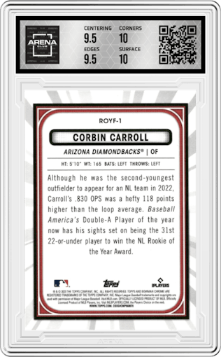 Corbin Carroll from the 2023 Bowman Mega Box set graded by Arena Club and given an overall grade of 10.