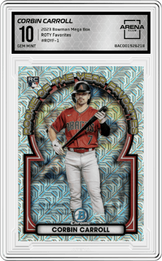 Corbin Carroll from the 2023 Bowman Mega Box set graded by Arena Club and given an overall grade of 10.