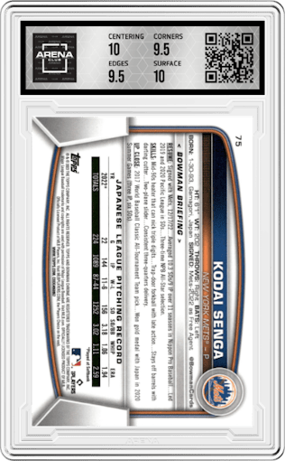 Kodai Senga from the 2023 Bowman Mega Box set graded by Arena Club and given an overall grade of 10.