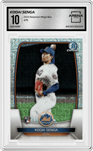 Kodai Senga from the 2023 Bowman Mega Box set graded by Arena Club and given an overall grade of 10.