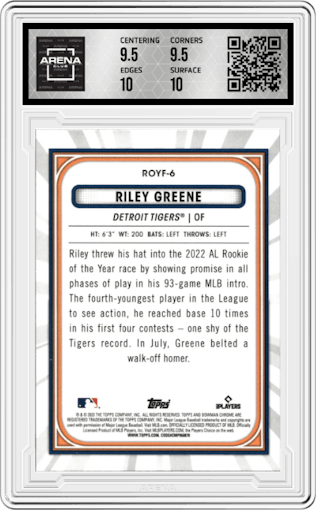 Riley Greene from the 2023 Bowman Mega Box set graded by Arena Club and given an overall grade of 10.