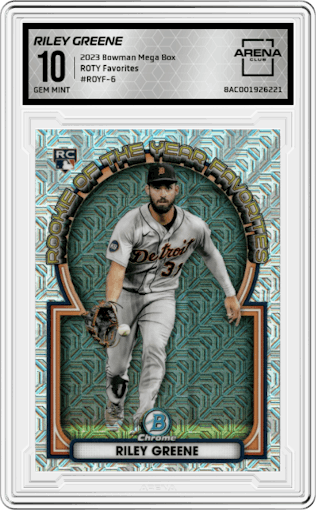 Riley Greene from the 2023 Bowman Mega Box set graded by Arena Club and given an overall grade of 10.