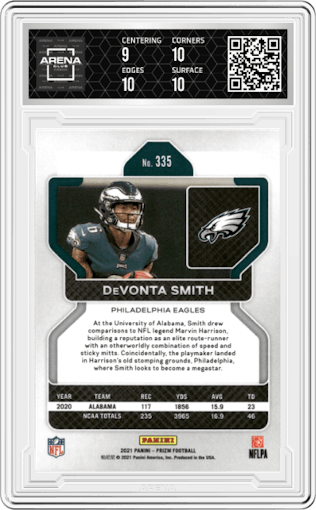 DeVonta Smith from the 2021 Panini Prizm set graded by Arena Club and given an overall grade of 9.5.