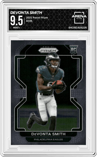 DeVonta Smith from the 2021 Panini Prizm set graded by Arena Club and given an overall grade of 9.5.