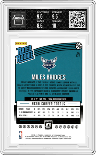 Miles Bridges from the 2018-19 Panini Donruss Optic set graded by Arena Club and given an overall grade of 9.