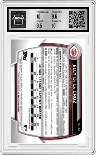 Elly De La Cruz from the 2023 Bowman Mega Box set graded by Arena Club and given an overall grade of 10.