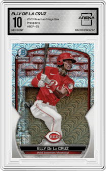 Elly De La Cruz from the 2023 Bowman Mega Box set graded by Arena Club and given an overall grade of 10.